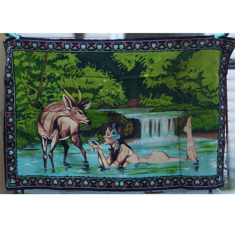 Vintage RT RTC Velvet Felt Tapestry Nude Nymph Fairy Goddess Gazelle 48 x 32